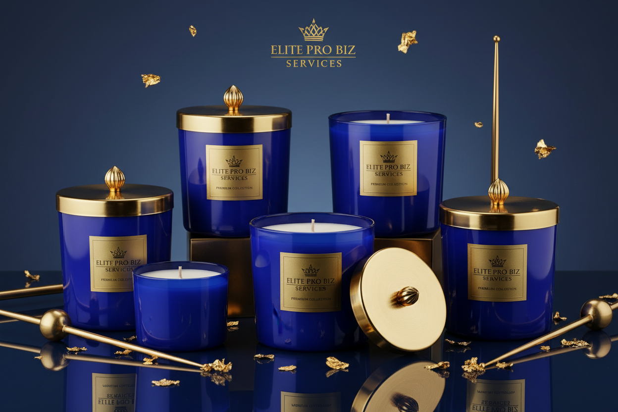 Elite Pro Biz Services candle collection blue and gold 